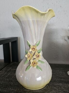 Hand-Painted Yellow Floral Ceramic Vase with Green Accents
